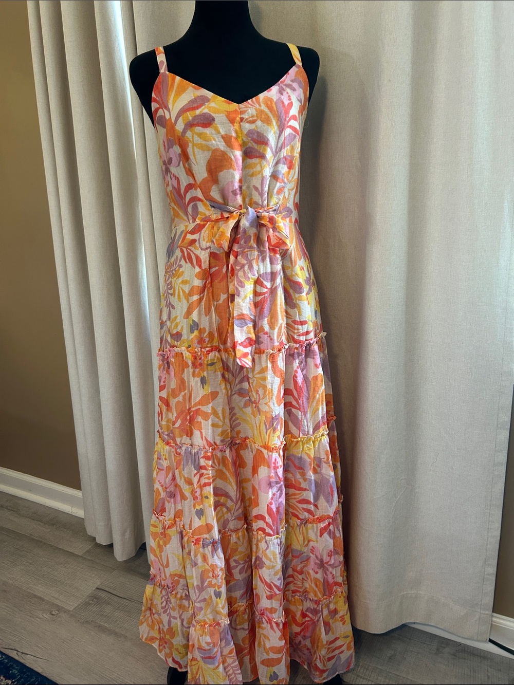 MSK Strappy Tie-Waist Midi Dress in Orange, Pink and Yellow - Picture 4 of 10